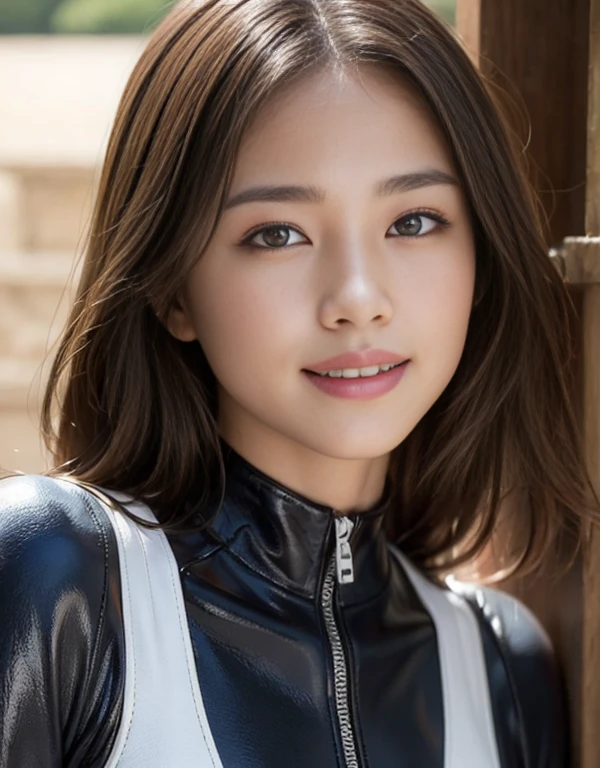 (1 girl)、highest quality、masterpiece、超A high resolution、(Photoreal:1.4)、Raw photo、1 girl、Wet Hair、hot、Sweat、(Wear skin-tight leather racing suits)、female rider、Long sleeve,、Leather Racing Gloves、Portraiture、Shadow、Octane Rendering、8k、Ultra Sharp、Metal、Intricate decorative detailore about Japan、Very intricate detail、Realistic Light、(smile)、Shining Eyes、To the camera、Small LED、close