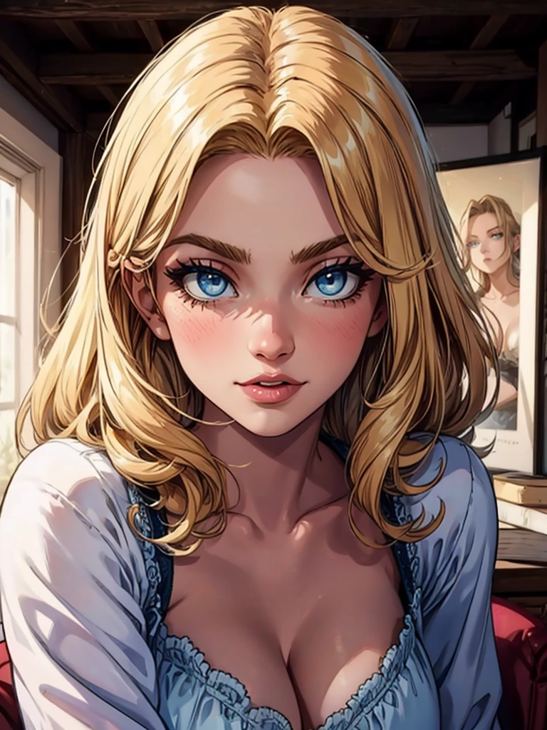 portrait, elegant adult woman, blue eyes, blonde hair, 4k resolution, high quality cg, beautiful cg, soft light
sultry look, seductive,