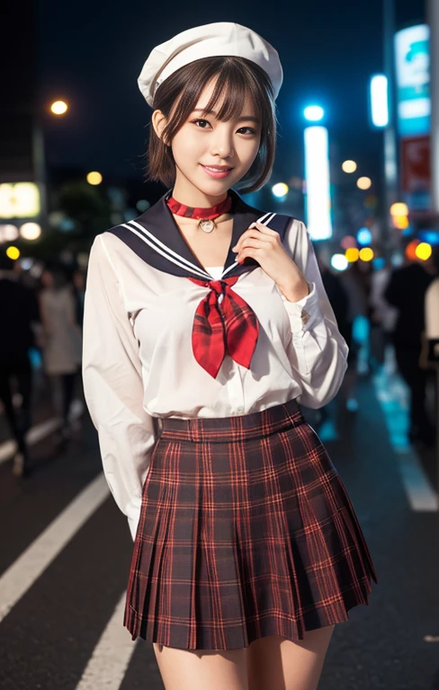 (1 gorgeous Asian women, age 20s, standing with natural pose, at a surreal Shibuya Crossing Tokyo, no people in background, night sky. She's dressed in Japanese JK Uniform, Serafuku, Seifuku, Sailor Uniform, silver neck choker, white blouse, sailor-style collar, pleated skirt, Buttons, Red Ribbon, Red Bolo Tie, Striped Necktie, Red Neckerchief, Red Bow, Sailor Hat, Western-style plaid skirt, knee-high socks, beautiful detailed face, beautiful detailed eyes, dimpled smile, kind & friendly smile, short bob hair, ponytail, cute snaggletooth, ample round bosom, Fit & Healthy body proportion, photorealistic, hyper-realism, high contrast, ultra HD, realistic skin textures, top image quality, top-quality, super high resolution, fine details, very meticulously, bokeh background, full_body_shot, vivid colours, masterpiece) #aliceinborderland