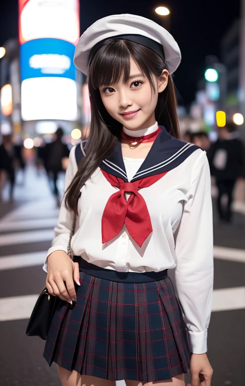 (1 gorgeous Asian women, age 20s, standing with natural pose, at a surreal Shibuya Crossing Tokyo, no people in background, night sky. She's dressed in Japanese JK Uniform, Serafuku, Seifuku, Sailor Uniform, silver neck choker, white blouse, sailor-style collar, pleated skirt, Buttons, Red Ribbon, Red Bolo Tie, Striped Necktie, Red Neckerchief, Red Bow, Sailor Hat, Western-style plaid skirt, knee-high socks, beautiful detailed face, beautiful detailed eyes, dimpled smile, kind & friendly smile, short bob hair, ponytail, cute snaggletooth, ample round bosom, Fit & Healthy body proportion, photorealistic, hyper-realism, high contrast, ultra HD, realistic skin textures, top image quality, top-quality, super high resolution, fine details, very meticulously, bokeh background, full_body_shot, vivid colours, masterpiece) #aliceinborderland