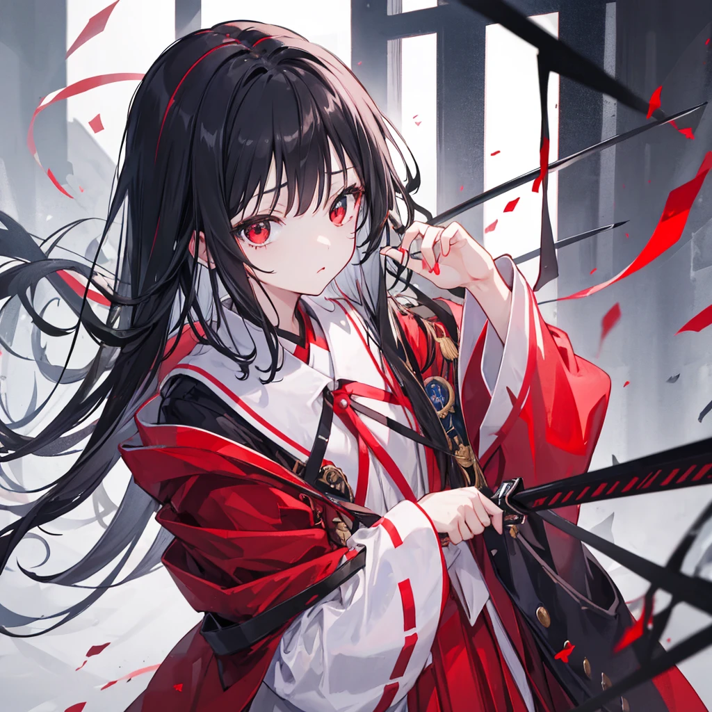 (masterpiece,Highest quality,Anime Style,atmosphere,More Information,CG rendering,Character portrait,Ray Tracing)((girl、girl、Solo))A character with black hair and red eyes、Young Girl、Iris heterochromic pupil、I have a sword in my hand、Red and black cloak、Japanese-style uniform、Emotionless、Expressionless、Black hair with red gradation。