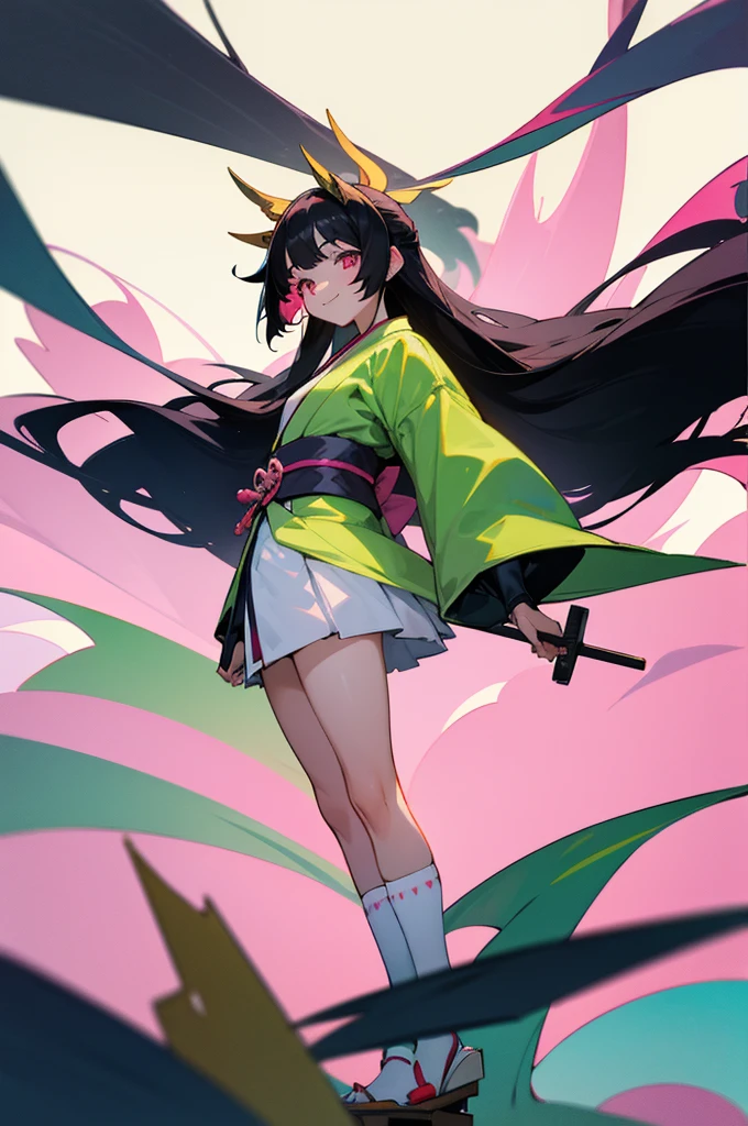 masterpiece, 1girl, black hair, long hair, straight hair, hime cut, pink eyes, smile, green kimono, white socks, geta