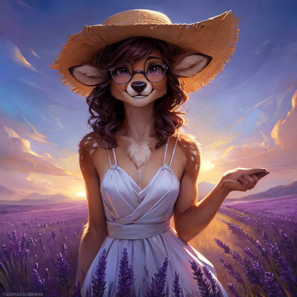 uploaded on e621, artstation, by Pixelsketcher, by Bayard Wu, by Thomas Benjamin Kennington , by Einshelm, by hioshiru and kenket, Chunie, portrait, solo anthro female deer doe, with small featureless breasts, clear dark blue, cinematic lighting, day, sunny day, lavender field, stays in a lavender field, lavender field background, mediterranean background, horizon background, shiny, short curly dark brown hair, wears big black nerd glasses, very very beautiful furry art, furry art, smiling, joyful, shiny, happy, feminine, cute face, muzzle, fluffy chest, flawless face, Fallow deer, 1girl, Sakimichan is beautiful, Masterpiece, Wavethesallow Face, shiny, Detailed image, portrait, Detailed image, portrait, full body, wearing pure white and wide spaghetti straps dress, wearing big and wide beige summer straw hat, shiny, realistic face, perfect anatomy, hourglass body, (furry body:1.1), anthropomorphic deer, looks at the viewer, small fluffy tail, detailed background, (cute anatomy:1.1), walks in a lavender field