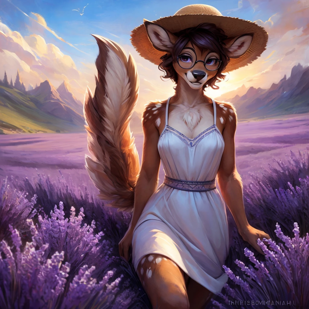 uploaded on e621, artstation, by Pixelsketcher, by Bayard Wu, by Thomas Benjamin Kennington , by Einshelm, by hioshiru and kenket, Chunie, portrait, solo anthro female deer doe, with small featureless breasts, clear dark blue, cinematic lighting, day, sunny day, lavender field, stays in a lavender field, lavender field background, mediterranean background, horizon background, shiny, short curly dark brown hair, wears big black nerd glasses, very very beautiful furry art, furry art, smiling, joyful, shiny, happy, feminine, cute face, muzzle, fluffy chest, flawless face, Fallow deer, 1girl, Sakimichan is beautiful, Masterpiece, Wavethesallow Face, shiny, Detailed image, portrait, Detailed image, portrait, full body, wearing pure white and wide spaghetti straps dress, wearing big and wide beige summer straw hat, shiny, realistic face, perfect anatomy, hourglass body, (furry body:1.1), anthropomorphic deer, looks at the viewer, small fluffy tail, detailed background, (cute anatomy:1.1), walks in a lavender field
