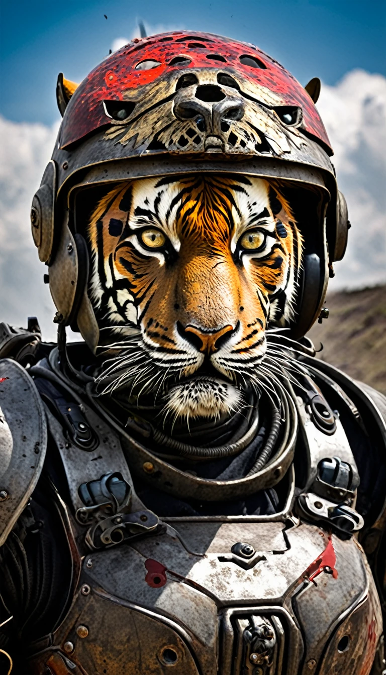Close-up of a ((Tiger-human warior)) , half human, half tiger, their faces partially obscured by military helmets. Their eyes are filled with sadness and longing. The background is a trail of blood and violence. She wears a mechanized robot armor, carved with animal elements, human skulls. The sky is filled with swirling, fiery clouds. The photo conveys a strong sense of the warrior's appearance.