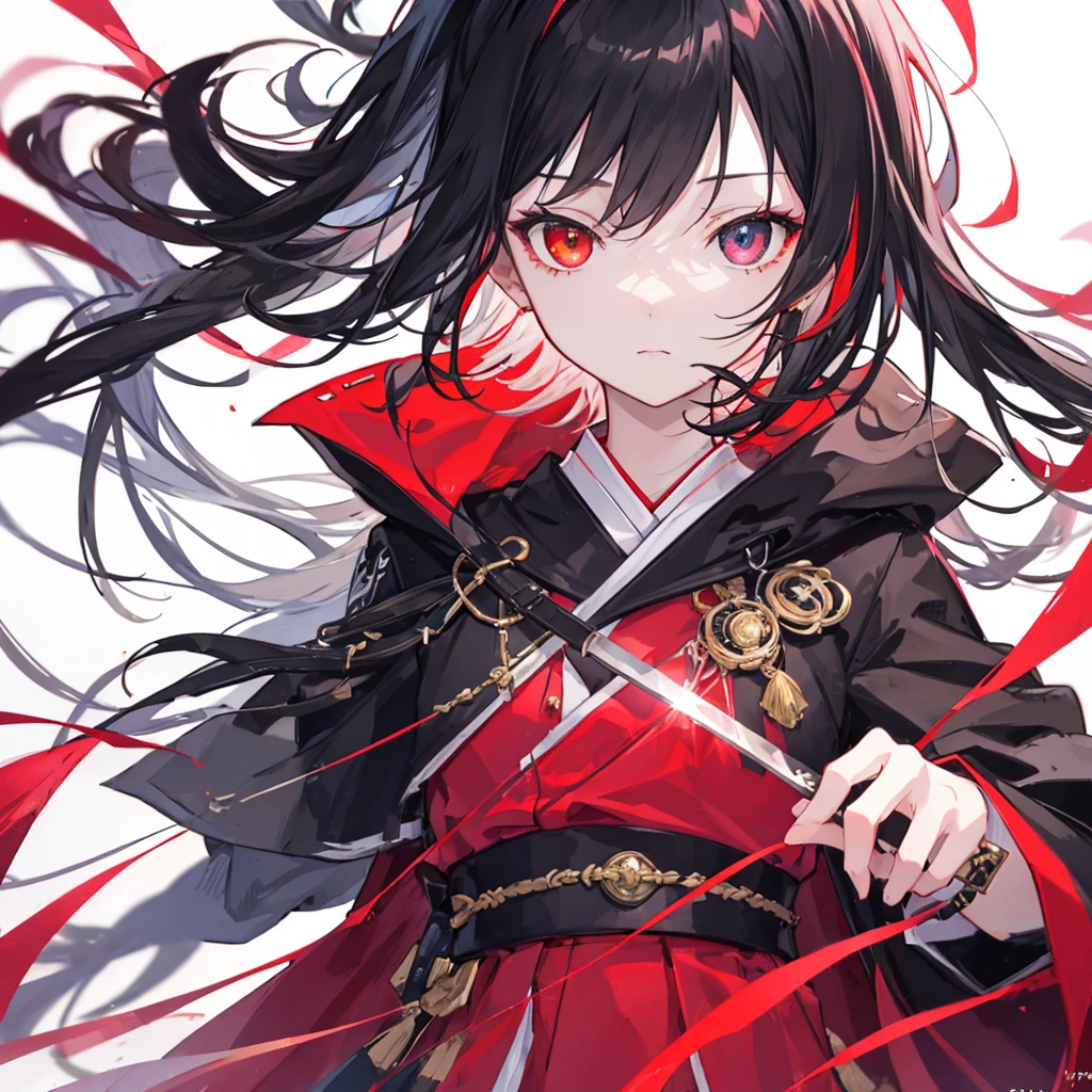 (masterpiece,Highest quality,Anime Style,atmosphere,More Information,CG rendering,Character portrait,Ray Tracing)((girl、girl、Solo))A character with black hair and red eyes、Young Girl、Iris heterochromic pupil、I have a sword in my hand、Red and black cloak、Japanese-style uniform、Emotionless、Expressionless、Black hair with red gradation。