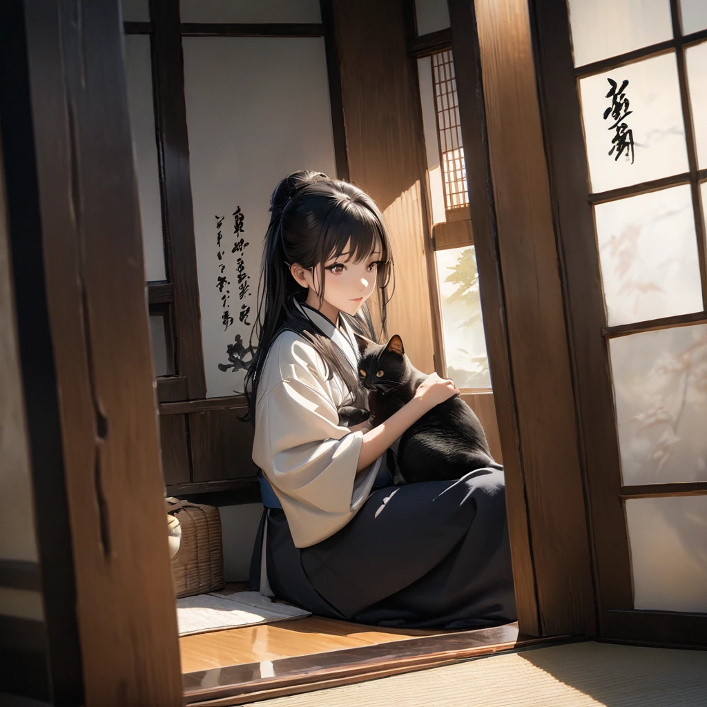 Girl with a cat, Ink Painting, In the tranquility of a traditional Japanese room, A girl wearing a kimono is sitting upright, Her eyes were fixed on the black cat that was perched on the window pane.. , Panoramic View, 8k,((masterpiece:1.4, Highest quality)), Black Hair, Brown eyes, (Depth of written boundary:1.3), Lower Body, High quality scenes, Vivid and photorealistic, Super detailed, 8k, masterpiece, elegant, Beautiful summer sky, Warm atmosphere, Clear lines, Official Art, Professional, Ultra high definition