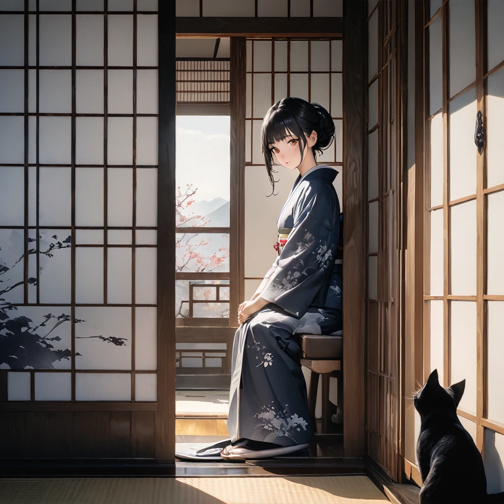 Girl with a cat, Ink Painting, In the tranquility of a traditional Japanese room, A girl wearing a kimono is sitting upright, Her eyes were fixed on the black cat that was perched on the window pane.. , Panoramic View, 8k,((masterpiece:1.4, Highest quality)), Black Hair, Brown eyes, (Depth of written boundary:1.3), Lower Body, High quality scenes, Vivid and photorealistic, Super detailed, 8k, masterpiece, elegant, Beautiful summer sky, Warm atmosphere, Clear lines, Official Art, Professional, Ultra high definition