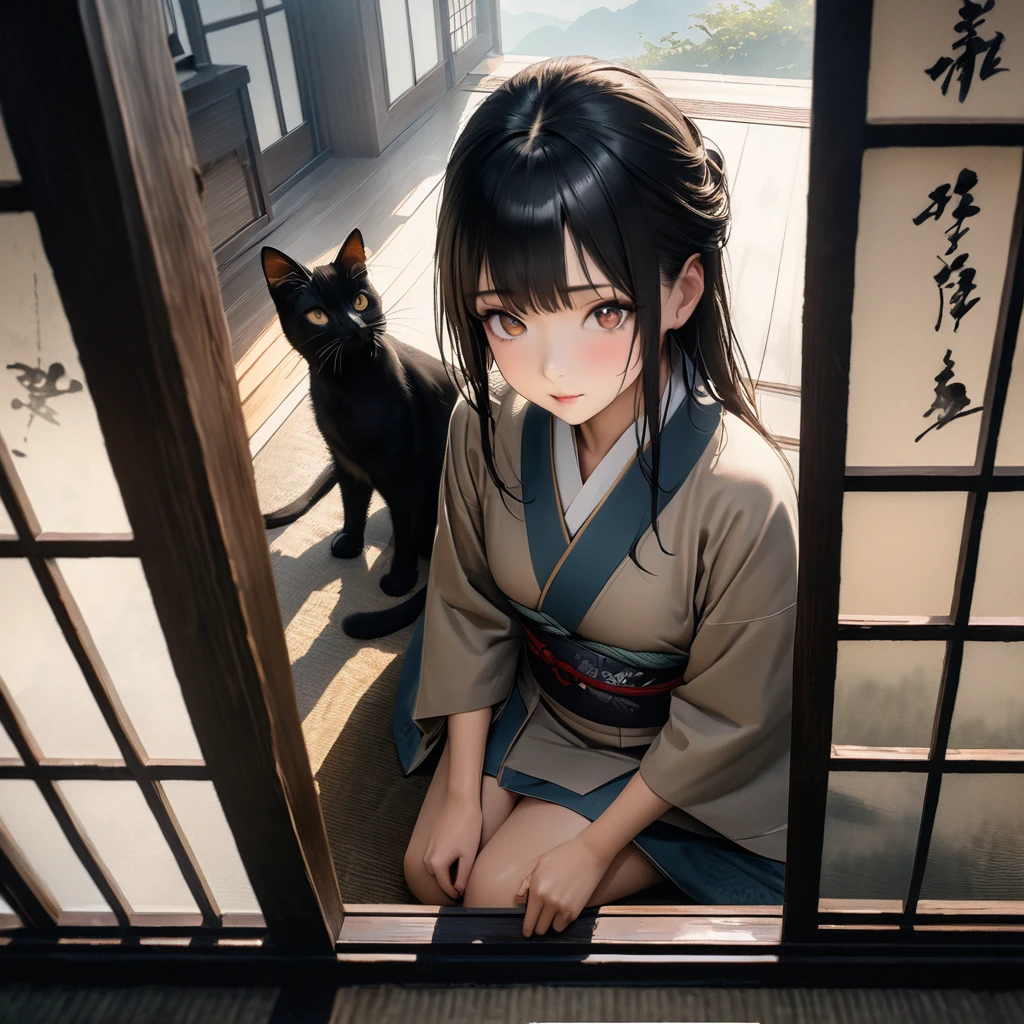 Girl with a cat, Ink Painting, In the tranquility of a traditional Japanese room, A girl wearing a kimono is sitting upright, Her eyes were fixed on the black cat that was perched on the window pane.. , Panoramic View, 8k,((masterpiece:1.4, Highest quality)), Black Hair, Brown eyes, (Depth of written boundary:1.3), Lower Body, High quality scenes, Vivid and photorealistic, Super detailed, 8k, masterpiece, elegant, Beautiful summer sky, Warm atmosphere, Clear lines, Official Art, Professional, Ultra high definition