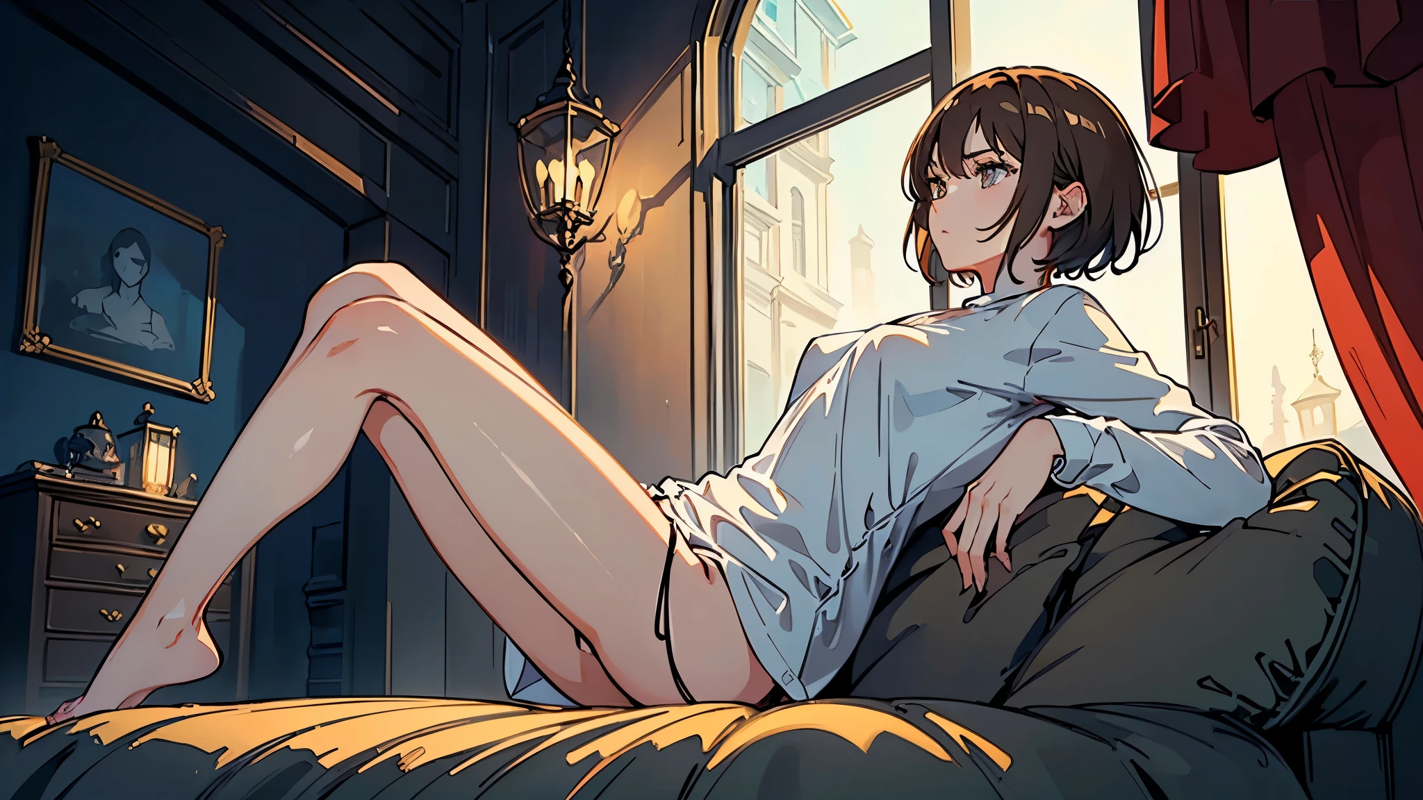 masterpiece,(Perfect Anatomy:1.5),from below, highest quality, a beautiful girl, slender, ((very very very short hair)), brown hair, (wear a white long sleeved shirt:1.5), white bikini panties , Perfect hands, Perfect body, reclining, lying on a sofa, body facing up, legs retracted touching the sofa, throw one's heel over the arm of the chair, (barefoot), ((looking away)), relaxing, seduction, room, midnight, ((Exquisite detail)), Very finely crafted fingers(((10 fingers))), (full body showcase), (Show your whole body), (no background), (No logo), (from below) , high resolution, private part focus, nsfw