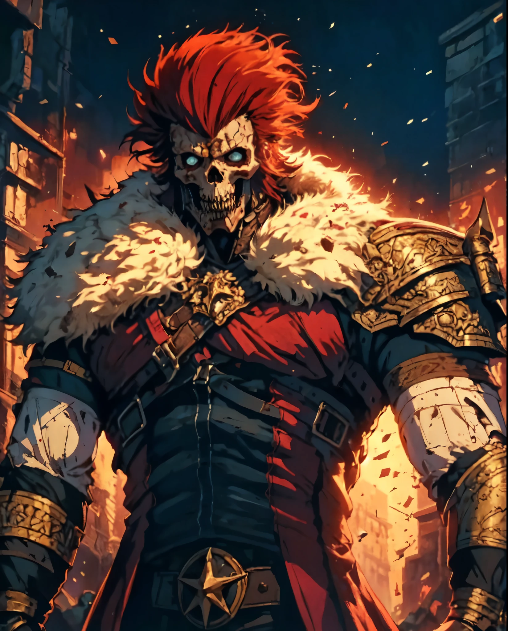 (masterpiece:1.2, best quality:1.2, extremely delicate:1.2), ((male:1.5)), a man with disheveled long orange and red hair, (no eyebrows:1.2), deep-set eyes, (a long scar on the right side of his face:1.2), rough features, (a full beard:1.2), a dissatisfied expression, a tall and muscular build, a post-apocalyptic fantasy-style wilderness coat with no sleeves, fur around his shoulders and neck, a half-damaged monster skull hanging in the middle of his chest, has spiked shoulder guards, revealing his muscular abs, stands in a post-apocalyptic fantasy-style desolate town, this character embodies a finely crafted post-apocalyptic fantasy-style overlord in anime style, exquisite and mature manga art style, dramatic, high definition, highres, ultra-detailed, ultra-fine painting, professional, perfect body proportions, golden ratio, anatomically correct, symmetrical face, extremely detailed eyes and face, high quality eyes, creativity, RAW photo, UHD, 32k, Natural light, cinematic lighting, masterpiece-anatomy-perfect