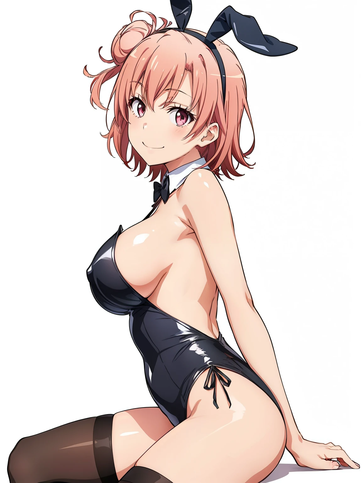 ((masutepiece, Best Quality, hight resolution, nffsw, Perfect Pixel, depth of fields, 4K, )), 1girl in, Solo, , Beautiful anime girl, Beautiful Art Style, close up, Looking at Viewer, Perfect body, side shot, Yuigahama Yui, Short hair, pink hair, pink eyes, hairbun, (large boob), side boob, sitting, black playboy bunny outfit, smile, hands on thighs, blank white background, shot from the waist up