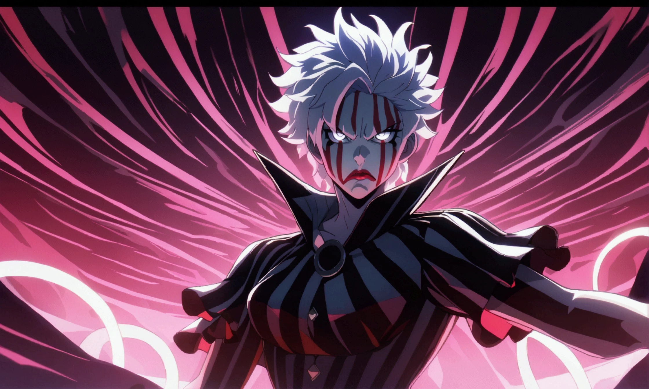 small , thin and agile physique, clown makeup, vibrant white hair, bright white eyes, clown costume, angry look, psychopath expression, bloody circus background,"Anime character design inspired by One Piece, full of dramatic and impressive lighting, focus on the character, impressive face, full of creative details, ultra-fine 4K design, scenery bathed in creativity, boasting 2D anime resolution clarity, HD anime graphics, high-octane rendering"