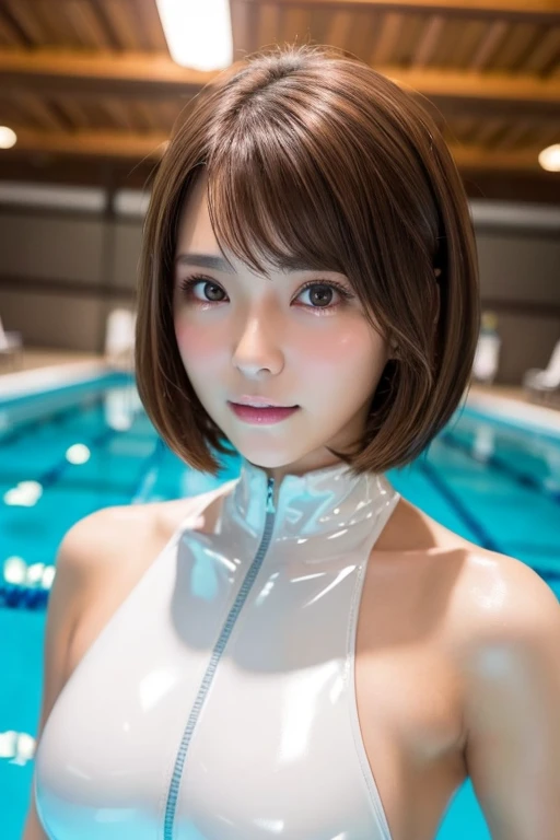 Latex bodysuit、huge 、Short brown hair、30-year-old gravure idol、Shiny, oily skin、Glowing Skin、Indoor competition pool、White skin