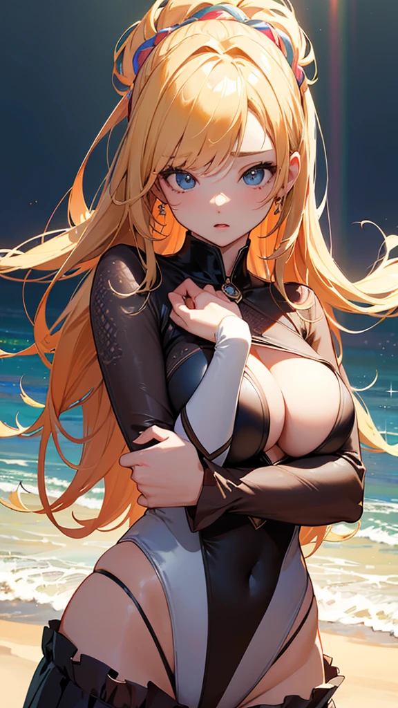 Album cover、masterpiece, Highest quality, One Girl、Hugging portraits、K-POP ,Girls group, Swimwear、Beach、Idol、8k,High resolution, ( Light_Styler:1.2)(Rainbow:1.2),(Excellent rendering, Stand out in the same class), (Amazing details, Excellent lighting, Wide-angle), (0.6), Detailed Background、Ultra-detailed details、