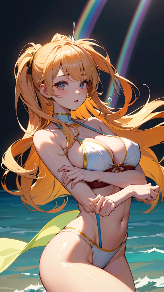 Album cover、masterpiece, Highest quality, One Girl、Hugging portraits、K-POP ,Girls group, Swimwear、Beach、Idol、8k,High resolution, ( Light_Styler:1.2)(Rainbow:1.2),(Excellent rendering, Stand out in the same class), (Amazing details, Excellent lighting, Wide-angle), Big Breasts(0.6), Detailed Background、Ultra-detailed details、