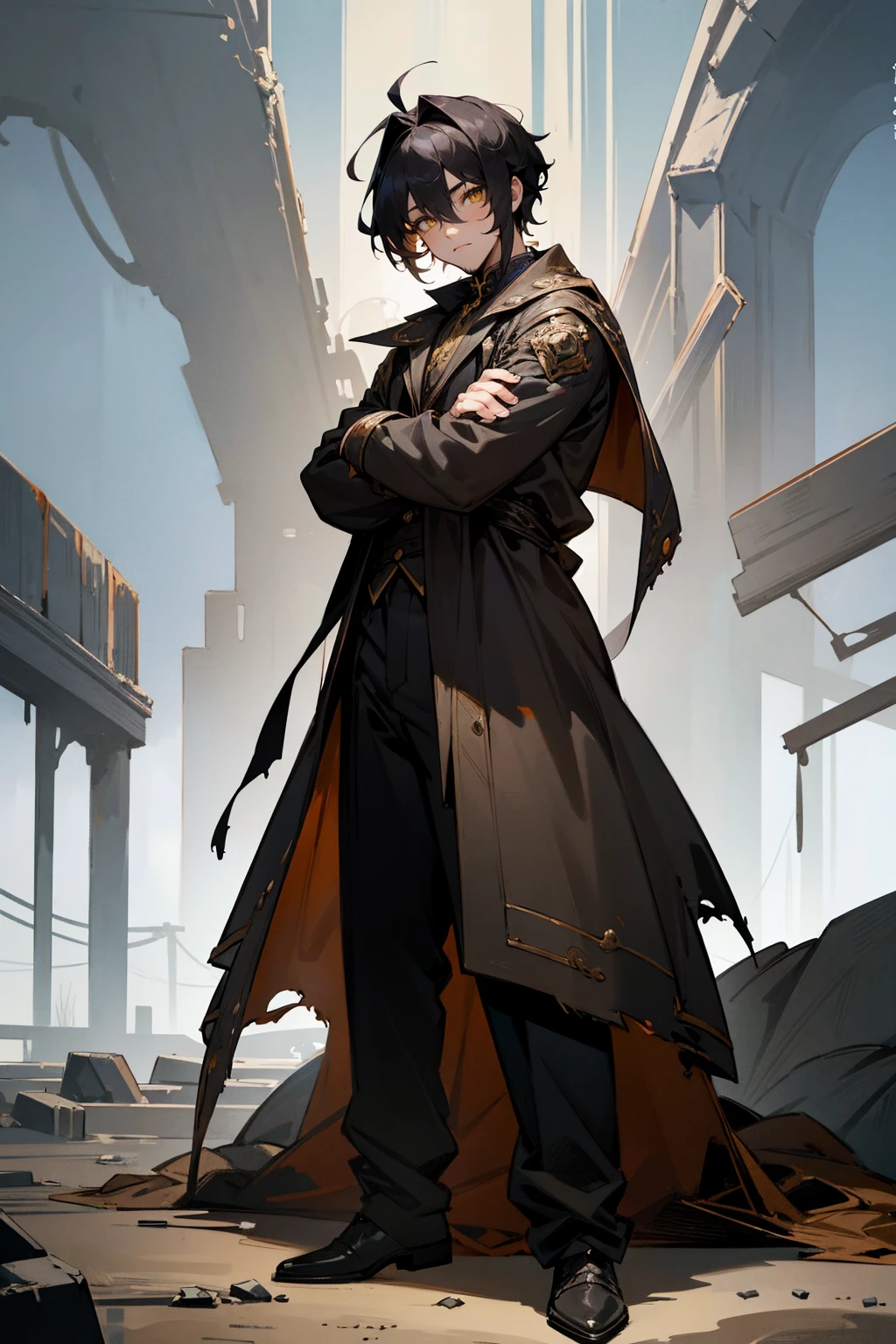Masterpiece Quality, Perfect Generation, Sclera, Detailed Eyes, Skin, Hair, Muscular, Clothing, Expression, , Apocalypse Background, Full Body, Skin, , , , facing viewer, Standing Outside, Clothed, , Eyes, hair, , hair, hair, , Ruined City Background, , , styled hair, Up hair, male, dark black short low hair, Magician, Magician Outfit, adult, beard, yellow eyes,