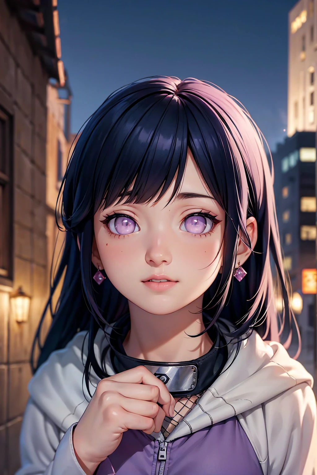 High details:1.9, high resolution, Natural strokes and colors, natural lighting, face detailed, detailed hair, eye detailed, detailed nose, detailed lips, detailed hands. an adult and beautiful girl:1.9. wearing earrings. wearing a hoodie. with pink lips. A city at night. With straight blue hair. with clear purple eyes. hyuuga hinata