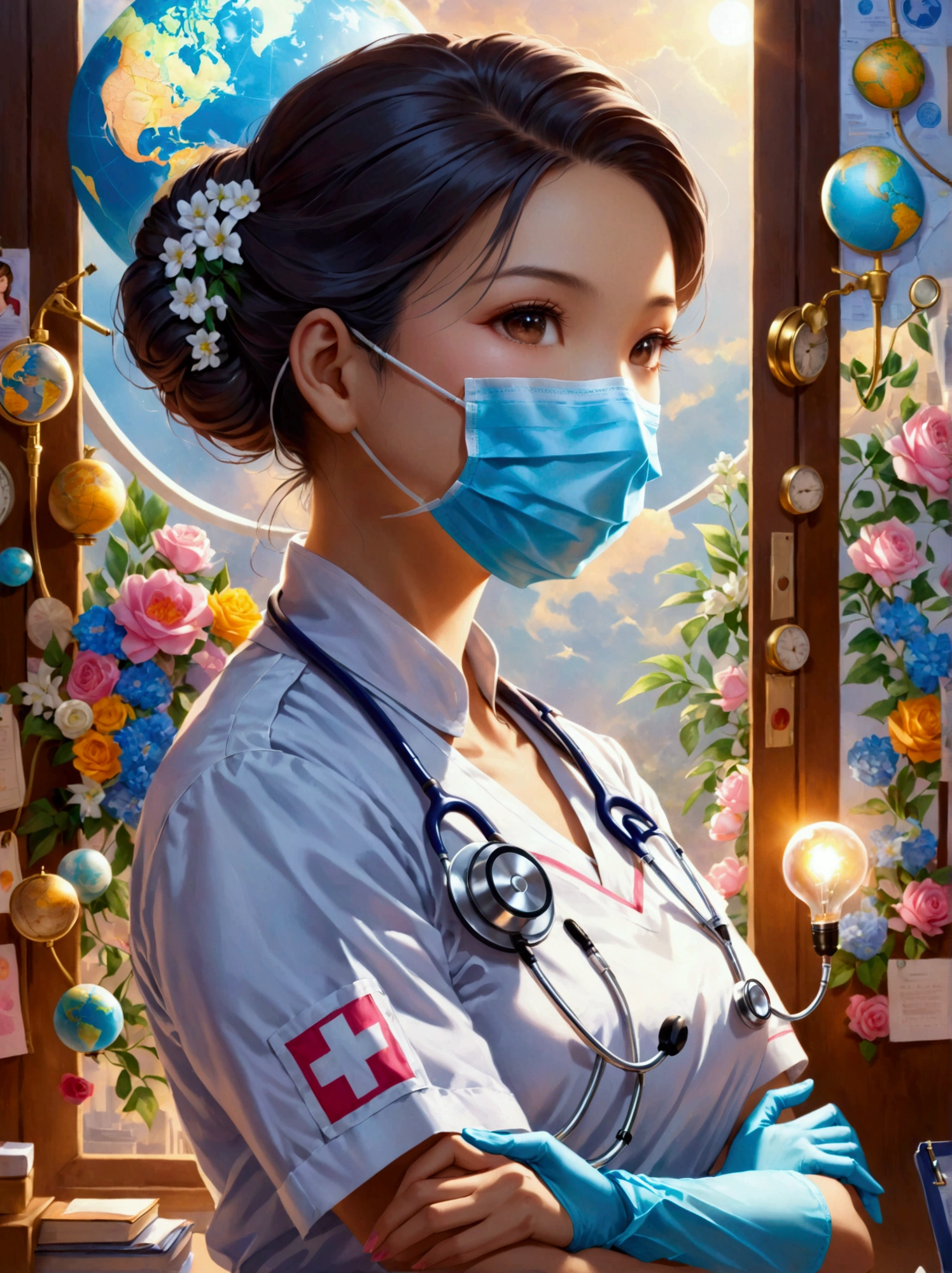 An image depicting a robotic nurse of Caucasian descent doing her duties in a typical American hospital. The robot has sleek metallic components, an advanced touchscreen interface for patient interaction, and manipulative arms to assist in a variety of tasks like administering medication, arranging beddings, and managing medical equipment. The background features common American hospital details like clean white corridors, signage in English, and various medical equipments. Even though this is a robotic figure, still she possesses a sense of empathy and dedication which are inherent traits in nursing.