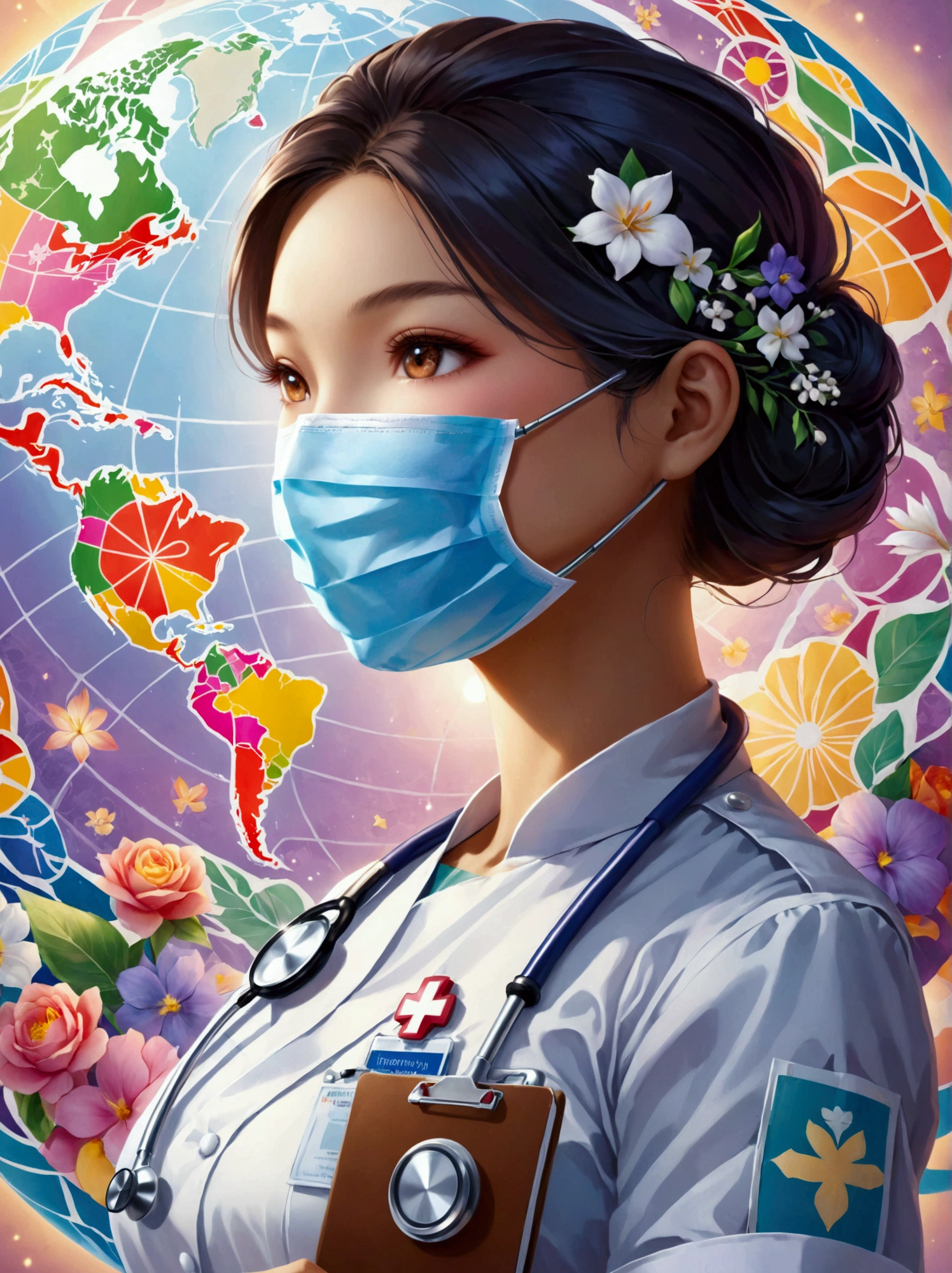 A scene in honor of International Women's Day featuring a nurse. The nurse is an Asian woman, standing bravely with a mask and glove, symbolizing the frontline workers during the global pandemic. She wears a traditional white uniform, her hair is neatly tied back, and she has a compatible stethoscope around her neck. In her hand is a clipboard, indicating her duty to monitor the health of patients. The background is filled with symbols of womanhood and empowerment, including the international women's day logo, and a globe representing global unity and support for women's rights.