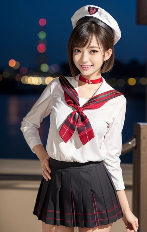 (1 gorgeous Asian women, age 20s, standing with natural pose, at Tokyo Tower, night sky. She's dressed in Japanese JK Uniform, Serafuku, Seifuku, Sailor Uniform, silver neck choker, white blouse, sailor-style collar, pleated skirt, Buttons, Red Ribbon, Red Bolo Tie, Striped Necktie, Red Neckerchief, Red Bow, Sailor Hat, Western-style plaid skirt, knee-high socks, beautiful detailed face, beautiful detailed eyes, dimpled smile, kind & friendly smile, short bob hair, ponytail, cute snaggletooth, ample round bosom, Fit & Healthy body proportion, photorealistic, hyper-realism, high contrast, ultra HD, realistic skin textures, top image quality, top-quality, super high resolution, fine details, very meticulously, bokeh background, full_body_shot, vivid colours, masterpiece) #aliceinborderland
