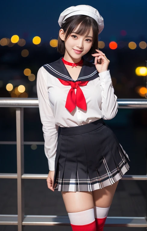 (1 gorgeous Asian women, age 20s, standing with natural pose, at Tokyo Tower, night sky. She's dressed in Japanese JK Uniform, Serafuku, Seifuku, Sailor Uniform, silver neck choker, white blouse, sailor-style collar, pleated skirt, Buttons, Red Ribbon, Red Bolo Tie, Striped Necktie, Red Neckerchief, Red Bow, Sailor Hat, Western-style plaid skirt, knee-high socks, beautiful detailed face, beautiful detailed eyes, dimpled smile, kind & friendly smile, short bob hair, ponytail, cute snaggletooth, ample round bosom, Fit & Healthy body proportion, photorealistic, hyper-realism, high contrast, ultra HD, realistic skin textures, top image quality, top-quality, super high resolution, fine details, very meticulously, bokeh background, full_body_shot, vivid colours, masterpiece) #aliceinborderland