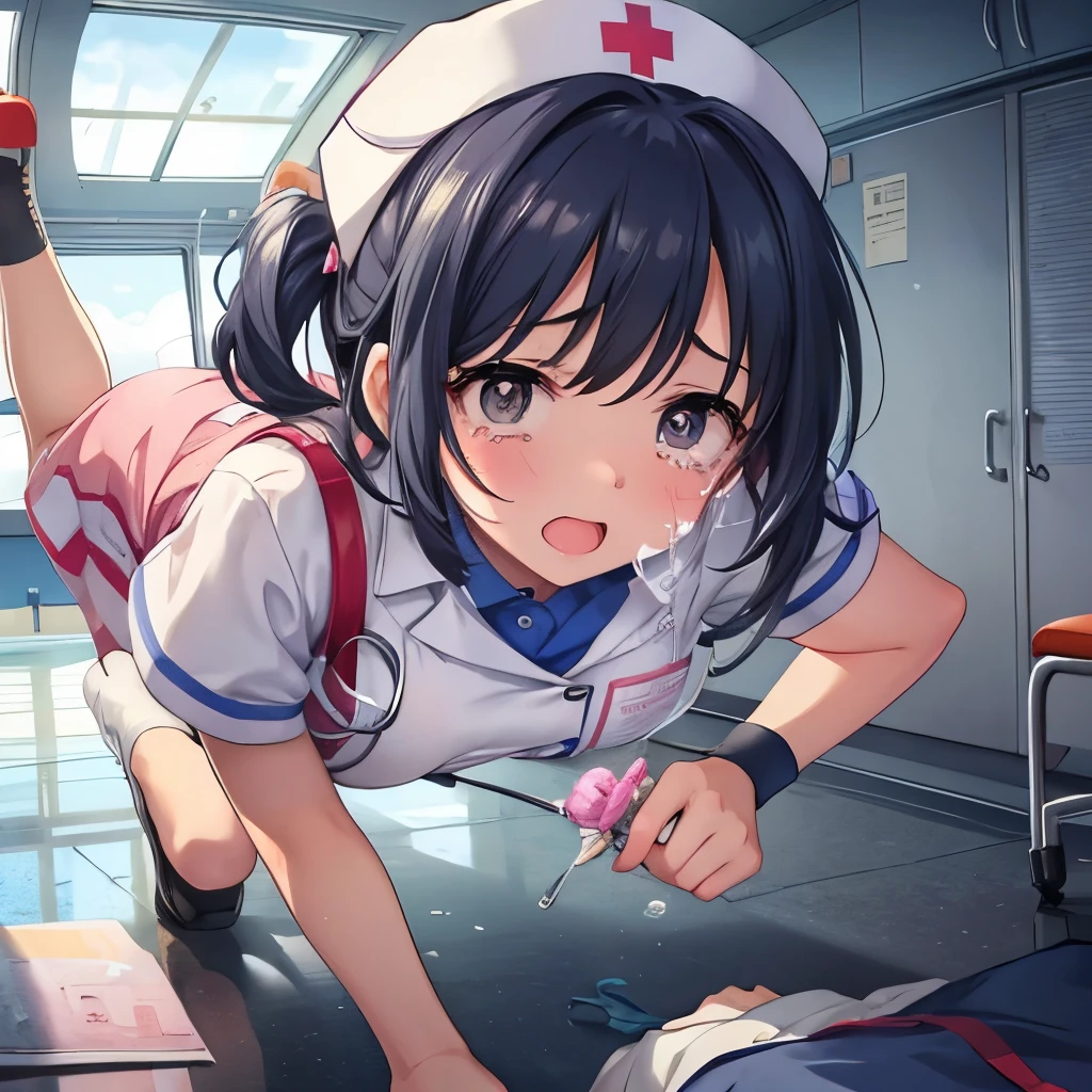 Cute nurse in skydiving pose as she falls horizontally to the hospital floor,Exaggerated crying face