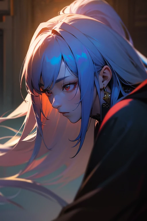 a tall, strong, handsome korean prince with long white hair, sharp narrow red eyes, outside a traditional korean palace, wearing black to hide, ornate architecture, intricate details, dramatic lighting, photorealistic, (best quality,8k,highres,masterpiece:1.2),ultra-detailed,(realistic,photorealistic,photo-realistic:1.37),cinematic,chiaroscuro lighting,dramatic shadows,moody atmosphere,jewel-toned colors