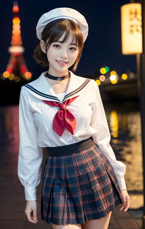 (1 gorgeous Asian women, age 20s, standing with natural pose, at Tokyo Tower, night sky. She's dressed in Japanese JK Uniform, Serafuku, Seifuku, Sailor Uniform, silver neck choker, white blouse, sailor-style collar, pleated skirt, Buttons, Red Ribbon, Red Bolo Tie, Striped Necktie, Red Neckerchief, Red Bow, Sailor Hat, Western-style plaid skirt, knee-high socks, beautiful detailed face, beautiful detailed eyes, dimpled smile, kind & friendly smile, short bob hair, ponytail, cute snaggletooth, ample round bosom, Fit & Healthy body proportion, photorealistic, hyper-realism, high contrast, ultra HD, realistic skin textures, top image quality, top-quality, super high resolution, fine details, very meticulously, bokeh background, full_body_shot, vivid colours, masterpiece) #aliceinborderland