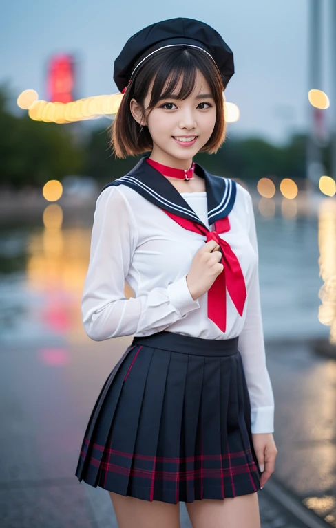 (1 gorgeous Asian women, age 20s, standing with natural pose, at Tokyo Tower, night sky. She's dressed in Japanese JK Uniform, Serafuku, Seifuku, Sailor Uniform, silver neck choker, white blouse, sailor-style collar, pleated skirt, Buttons, Red Ribbon, Red Bolo Tie, Striped Necktie, Red Neckerchief, Red Bow, Sailor Hat, Western-style plaid skirt, knee-high socks, beautiful detailed face, beautiful detailed eyes, dimpled smile, kind & friendly smile, short bob hair, ponytail, cute snaggletooth, ample round bosom, Fit & Healthy body proportion, photorealistic, hyper-realism, high contrast, ultra HD, realistic skin textures, top image quality, top-quality, super high resolution, fine details, very meticulously, bokeh background, full_body_shot, vivid colours, masterpiece) #aliceinborderland