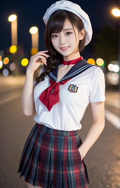 (1 gorgeous Asian women, age 20s, standing with natural pose, at Tokyo Tower, night sky. She's dressed in Japanese JK Uniform, Serafuku, Seifuku, Sailor Uniform, silver neck choker, white blouse, sailor-style collar, pleated skirt, Buttons, Red Ribbon, Red Bolo Tie, Striped Necktie, Red Neckerchief, Red Bow, Sailor Hat, Western-style plaid skirt, knee-high socks, beautiful detailed face, beautiful detailed eyes, dimpled smile, kind & friendly smile, short bob hair, ponytail, cute snaggletooth, ample round bosom, Fit & Healthy body proportion, photorealistic, hyper-realism, high contrast, ultra HD, realistic skin textures, top image quality, top-quality, super high resolution, fine details, very meticulously, bokeh background, full_body_shot, vivid colours, masterpiece) #aliceinborderland