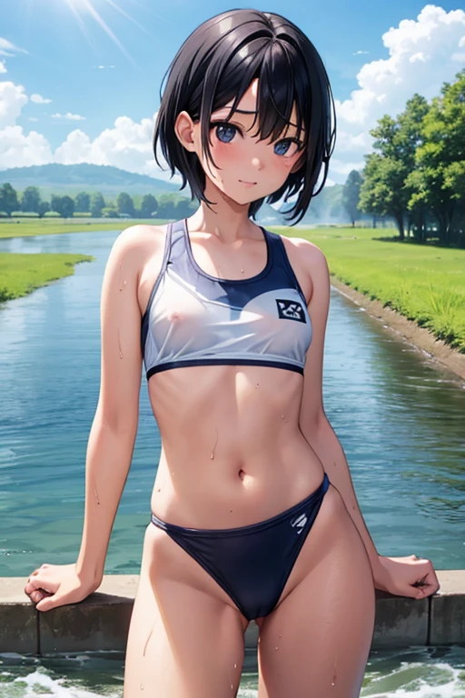 nsfw tomboy black hair　black eye　Small breasts　A girl who looks like a boy　Wet school swimsuit　The body is shining with water　Water dripping down the body　River in the countryside　Standing in the river　sunny　Cheeky face　