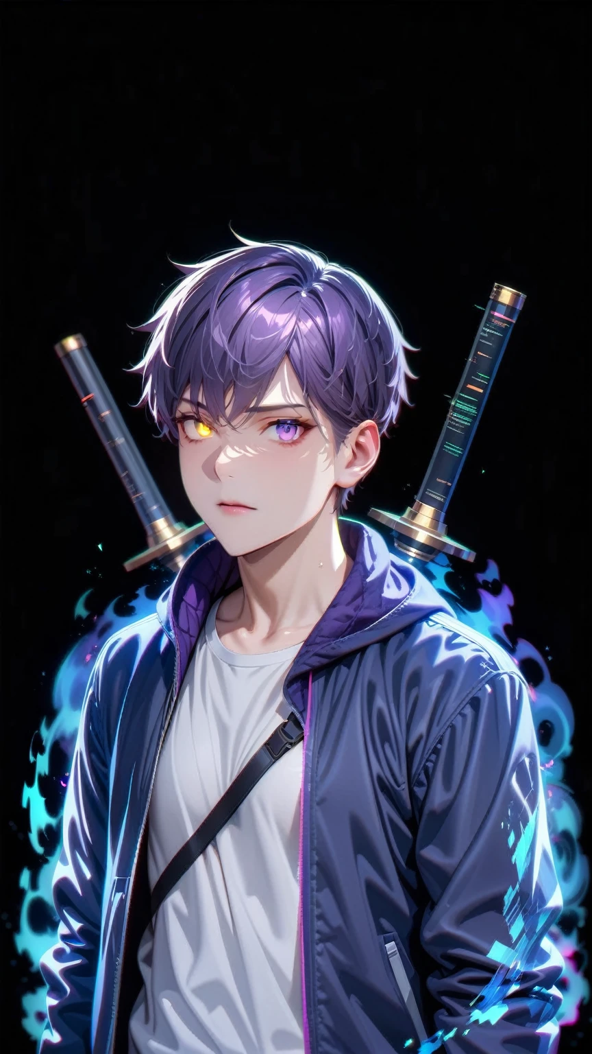 Masterpiece, Best Quality, Super Detailed, High Definition, Expensive Resolution, HDR, Super Detailed CG, Beautiful Details, Depth, Fine Texture, Super Fine, Complete concentration, Pale skin, Handsome man, smart and cool man, confident, short hair, white hair, purple hair highlight, beautiful detail eyes, yellow and purple, glowing eyes, Black shirt and white jacket, beautiful detailed glow, extremely detailed eyes and face, futuristic, hlpr, (hologram, glitch, holographic face, ui, interface, nodes),