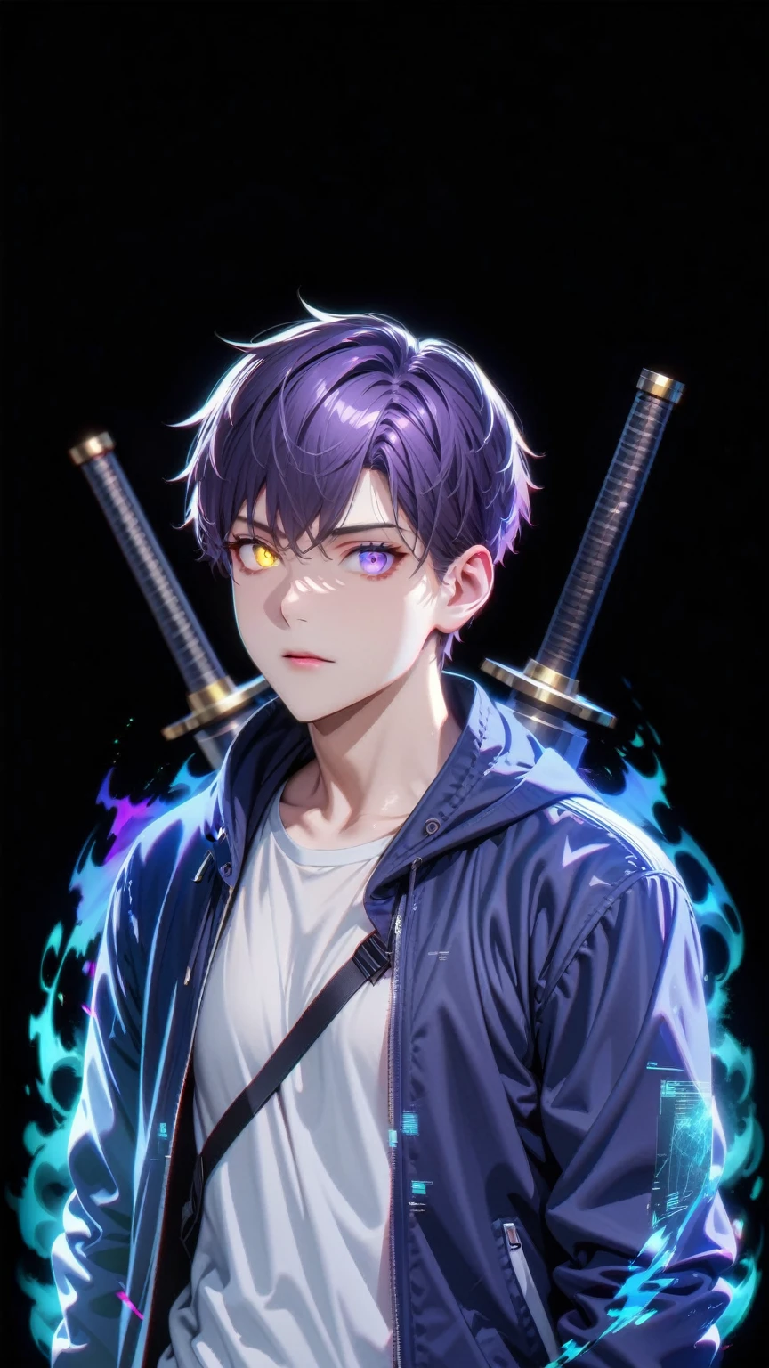 Masterpiece, Best Quality, Super Detailed, High Definition, Expensive Resolution, HDR, Super Detailed CG, Beautiful Details, Depth, Fine Texture, Super Fine, Complete concentration, Pale skin, Handsome man, smart and cool man, confident, short hair, white hair, purple hair highlight, beautiful detail eyes, yellow and purple, glowing eyes, Black shirt and white jacket, beautiful detailed glow, extremely detailed eyes and face, futuristic, hlpr, (hologram, glitch, holographic face, ui, interface, nodes), 