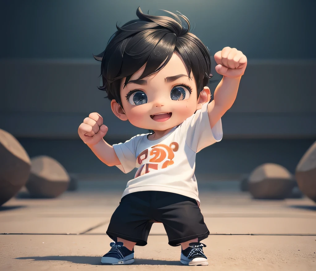 Cute 3D rendering style,Tide play style,The cheering you on,His hand is in a victory fist.,Wearing a white T-shirt,Black hair,Black eyes,Wear shoes,Happy expression,8k,high quality,Soften Tone,Repair face and hands
