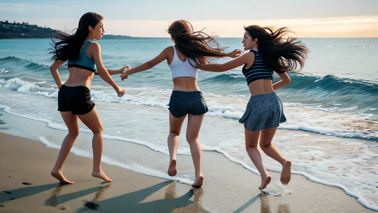 Three girls chasing each other near a sea shore