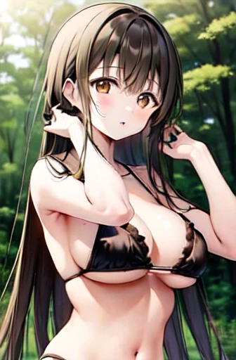 shiina mahiru, Yellow Eyes , bikini, forest,Big Breasts、Long black hair