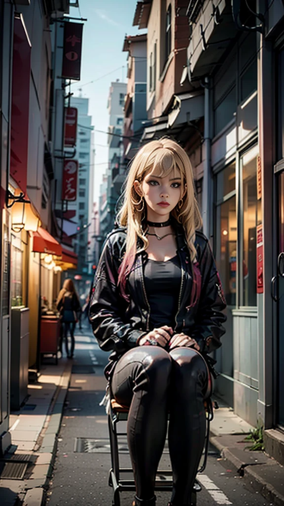 digital painting, woman sitting on a bench sadly looking at the phone, cyberpunk art, gothic art, -yeld gogirl, with street lamps, detailed portrait of a girl, rocker outfit, neo-gothic, digital brushes, cyberpunk aesthetics, rough textures , high contrast, vintage color palette, digital artifacts, high detail, layered composition, dynamic lighting, 2D art, atmospheric perspective, 1980s influence.