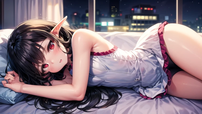 ((best quality)), (, short, elf, black hair, red eyes, sexy), (undear, dress), (night, bed)