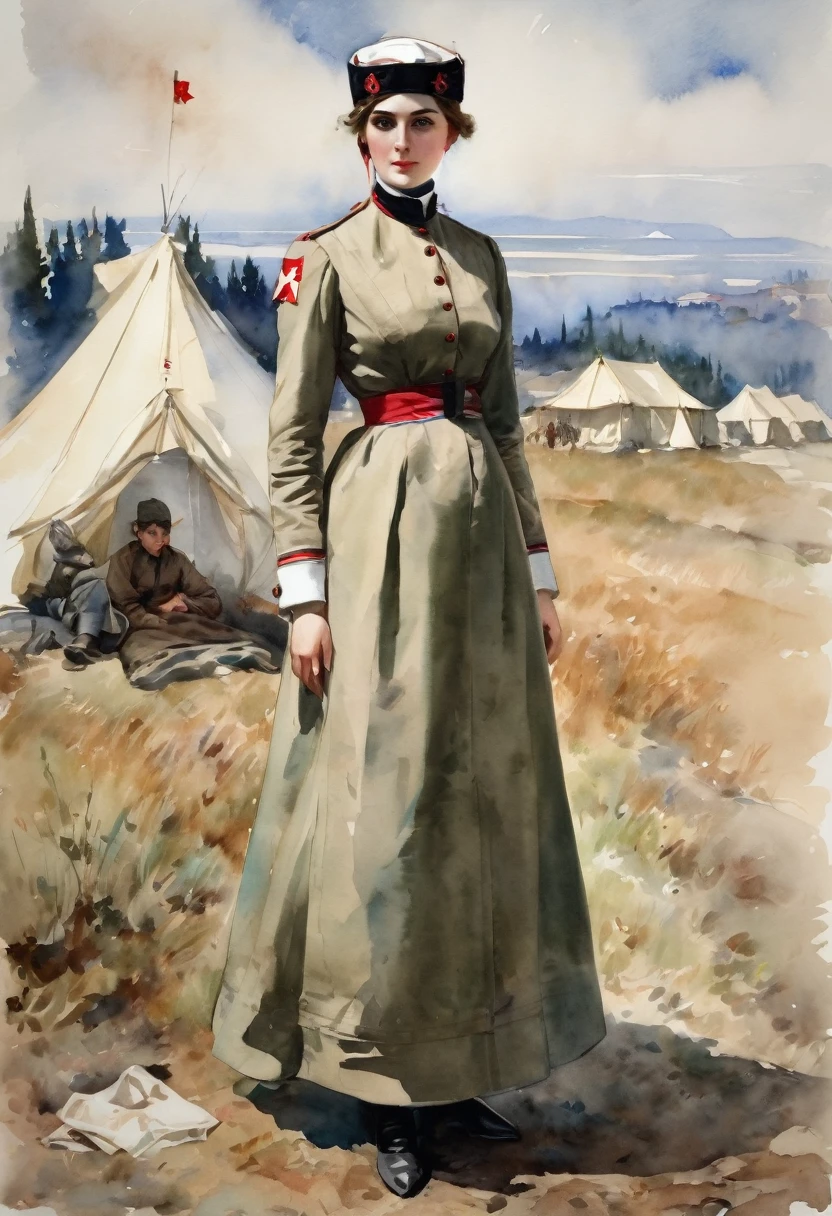 (Nightingale of the Crimean War、field hospital、Temporary Tent:1.4)、(Standing full body portrait:1.2)、Nurse cap with red cross symbol、Simple uniform,Soft Light、classical、Vintage、Watercolor of singer Sargent、(Highest quality、masterpiece)、
