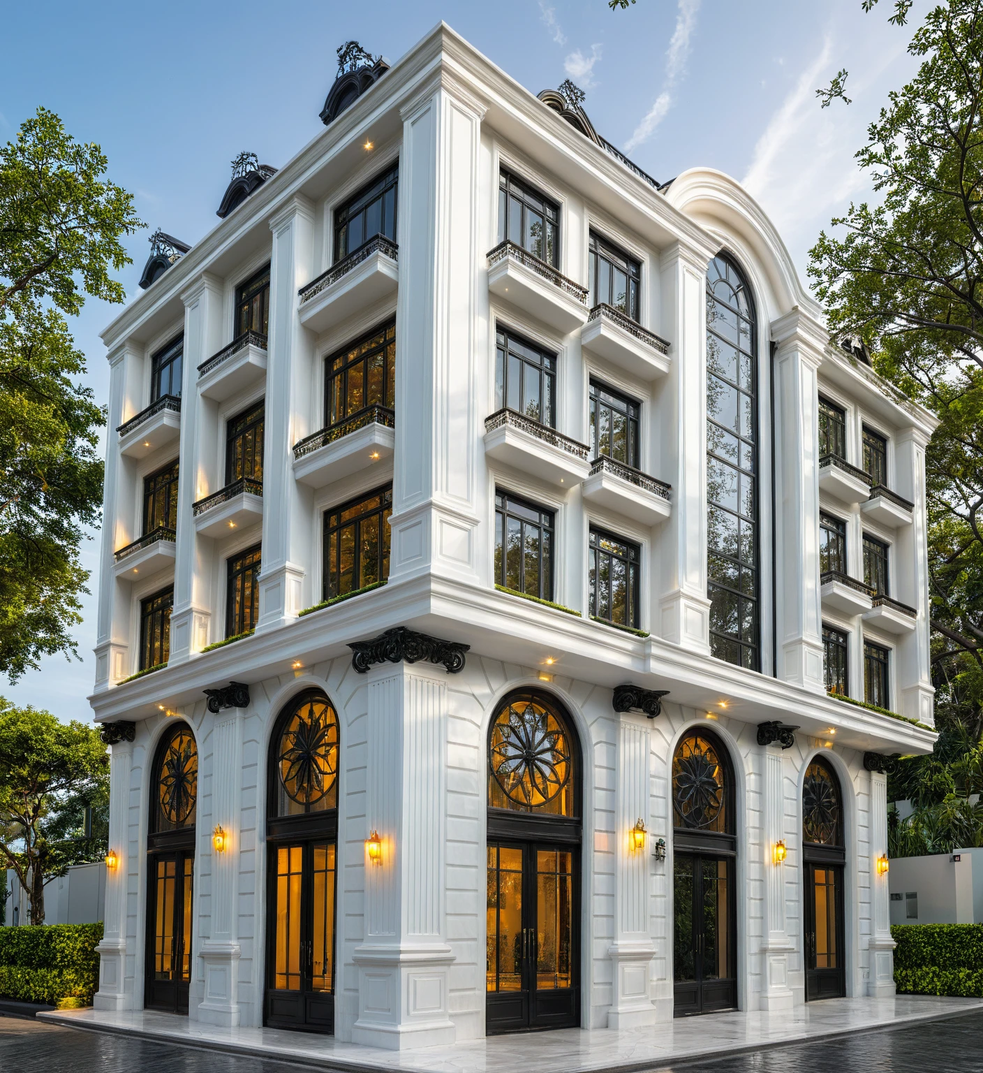 neo classical villa on street, (sunset), tropical tree, vivid colour, streetcapes, black detail, white wall, large glass door, warm interior lighting, wood and marble, best quality,