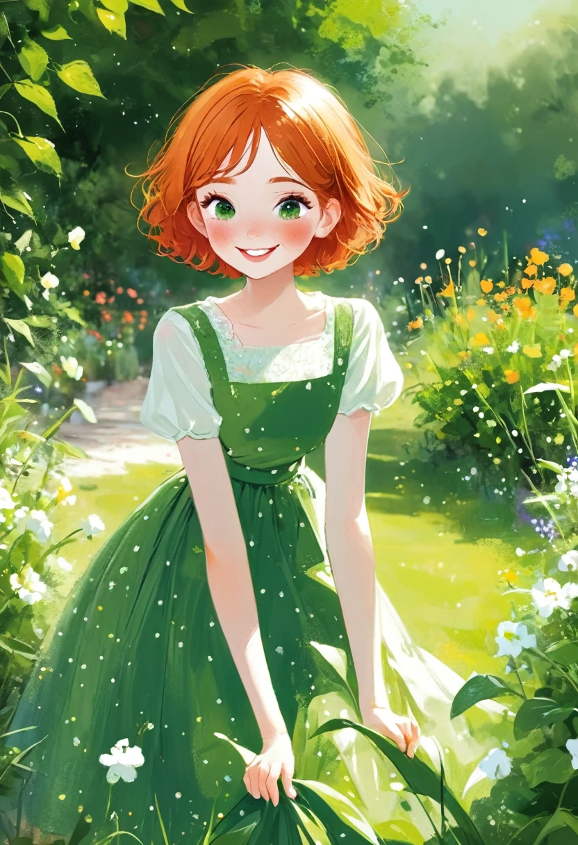 1 girl,sxfrances,short hair,Orange Hair,Green Eyes,freckle,Long skirt,in the garden,Smile,solitary