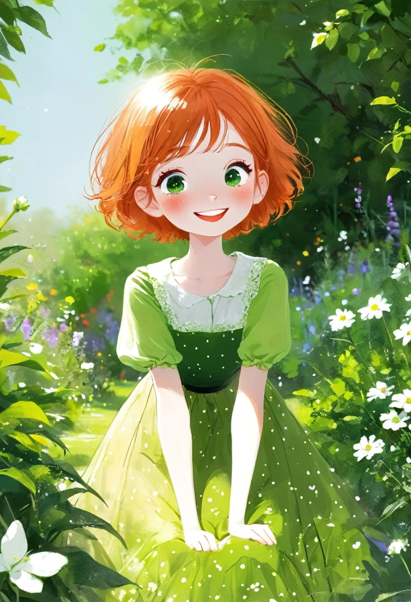 1 girl,sxfrances,short hair,Orange Hair,Green Eyes,freckle,Long skirt,in the garden,Smile,solitary