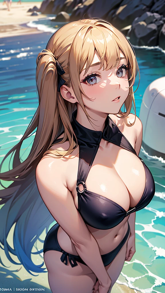 Album cover、masterpiece, Highest quality, One Girl、Hugging portraits、K-POP ,Girls group, Swimwear、Tube top、Beach、Idol、8k,High resolution, ( Light_Styler:1.2)(Rainbow:1.2),(Excellent rendering, Stand out in the same class), (Amazing details, Excellent lighting, Wide-angle), Big Breasts(0.6), Detailed Background、Ultra-detailed details、