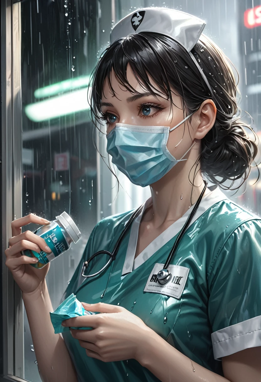 best quality, high resolution, ultra detailed, realistic, female nurse, holding medicines, wearing medical mask, heavy rain, wind, thunder, reflections,