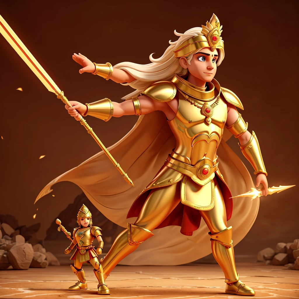 "Create an AI image of Karna from the Mahabharata. Depict him with golden armor, a regal crown, and holding the bow Vijaya. Showcase his robust physique and confident expression. Use a dramatic battlefield or royal court as the background to highlight his nobility and warrior spirit."