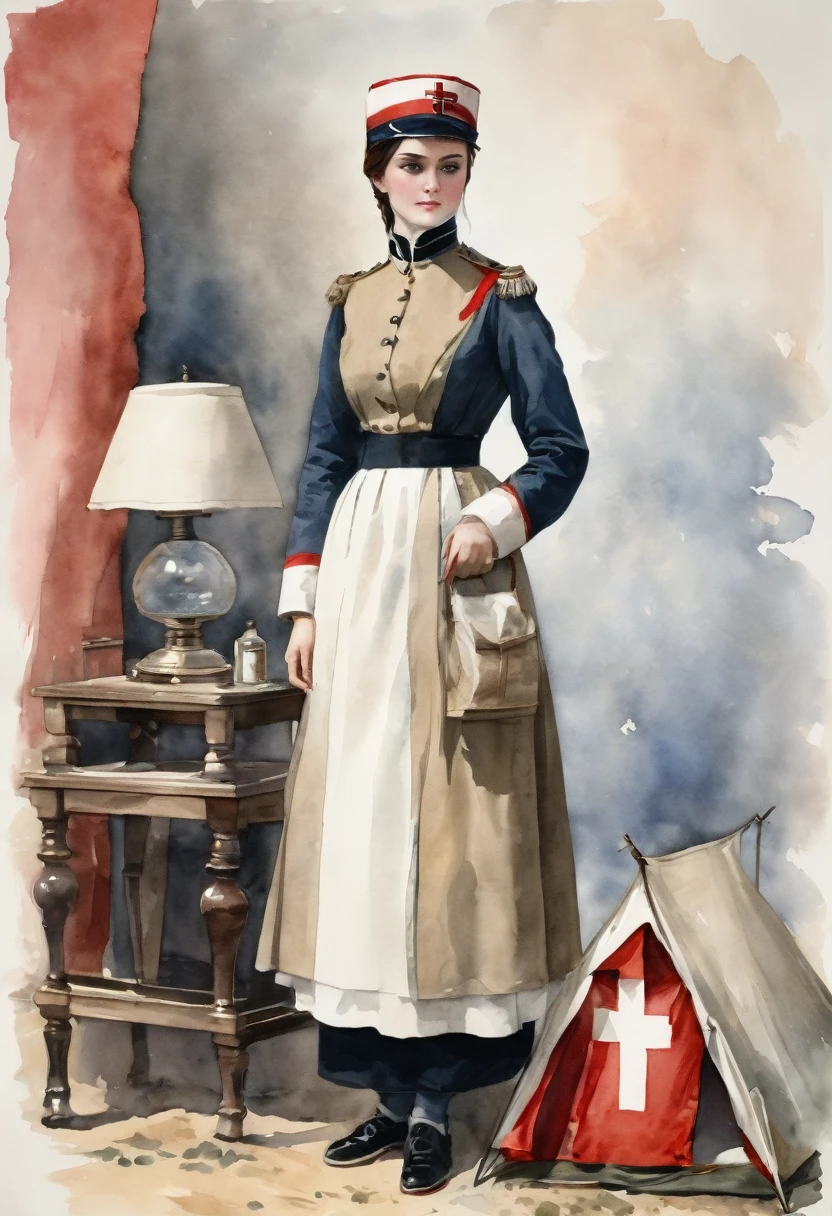 (Nightingale of the Crimean War、field hospital、Temporary Tent:1.4)、(Standing full body portrait:1.2)、Nurse cap with red cross symbol、Simple uniform,Soft Light、classical、Vintage、Watercolor、(Highest quality、masterpiece)、