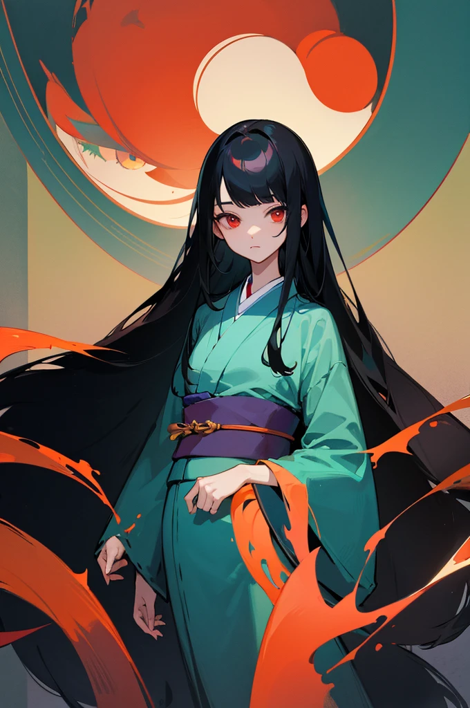 Masterpiece, 1girl, tall, slender, black hair, long hair, straight hair, symmetrical bangs, red eyes, green and blue kimono