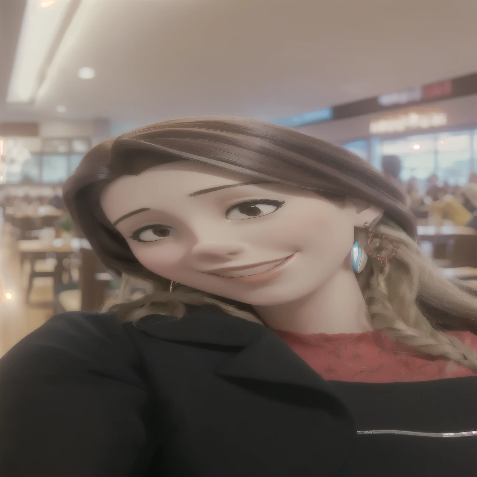 woman with long hair and red earrings sitting in a restaurant, inspired by Maria Helena Vieira da Silva, by Nándor Katona, fernanda suarez, by Maria Helena Vieira da Silva, in sao paulo, lorena avarez, alanis guillen, estefania villegas burgos, marischa becker