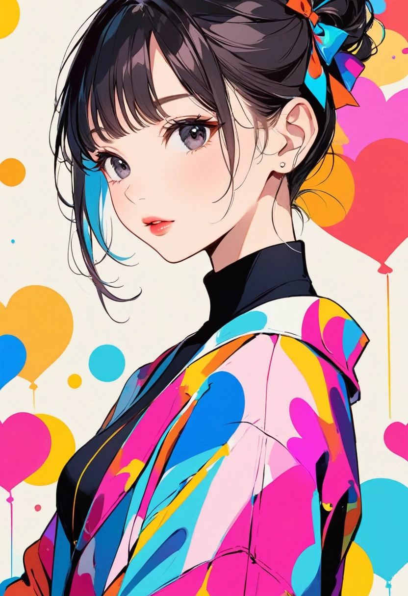 Mika Pikazo colorful style, Simple Line Initialism,Abstract art,Urban Background, (((The most beautiful girl of all time))), Sweet face. Lips in love, colorful hearts, stylish design, black eyes